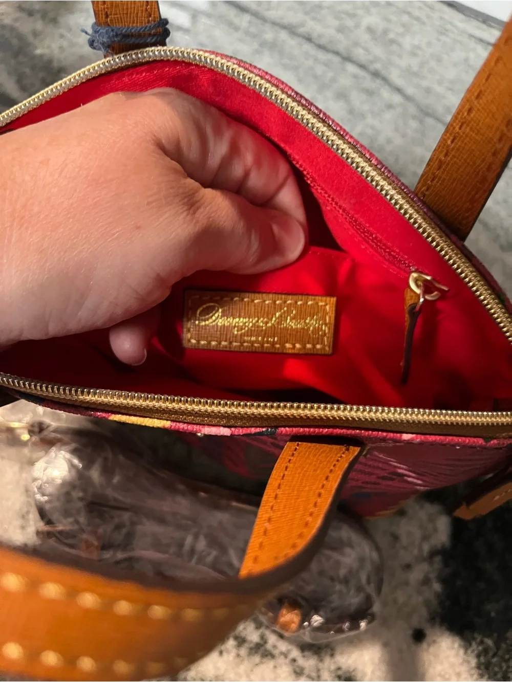 Dooney & Bourke Red Plaid Satchel with Tan Trim
